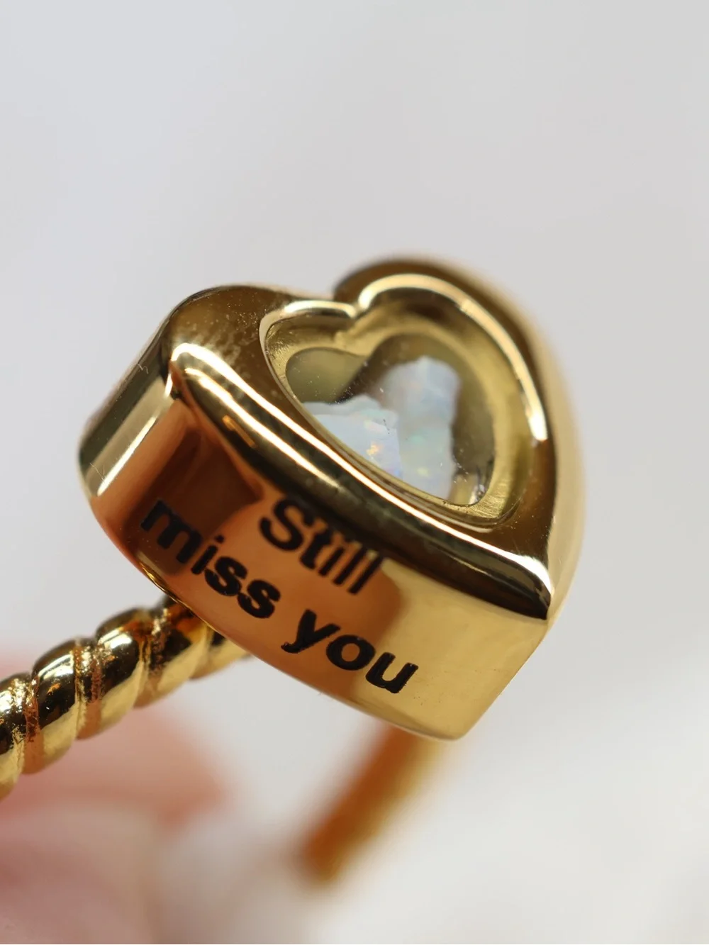 NWT Urn Ring, Gold Heart Ring with Opal-Look Inset - Still miss you Engraved Ash